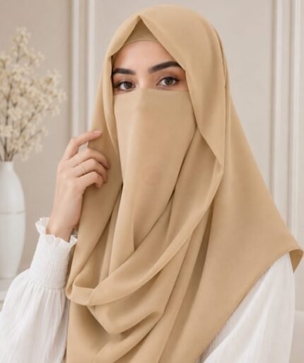 A woman wearing an elegant Instant Misri hijab set draped over the head and shoulders with attached Niqab for casual and formal occasions. By Clothifydotpk