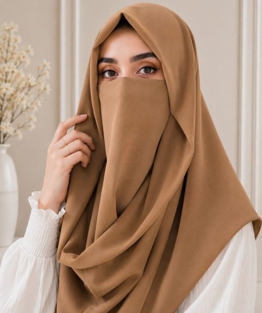 Misri_Hijab_New0971 - 18 A woman wearing an elegant Instant Misri Ninja Nectar hijab set draped over the head and shoulders with attached Niqab for casual and formal occasions. By Clothifydotpk