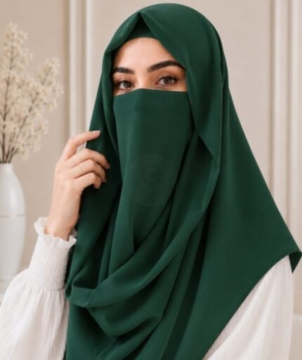 A woman wearing a simply draped Misri hijab, with the ends flowing over her shoulder. By Clothifydotpk