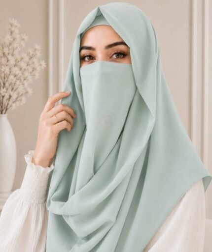 A woman wearing an elegant Misri style hijab set draped over the head and shoulders with attached Niqab for casual and formal occasions. By Clothifydotpk
