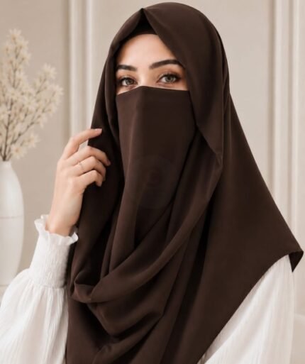Woman wearing a soft chiffon Misri hijab set with full coverage and breathable fabric. BY CLOTHIFYDOTPK