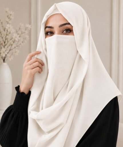 Stylish woman wearing a luxury Misri hijab Niqab or ninja nectar set with coordinated underscarf and flowing drape. BY CLOTHIFYDOTPK