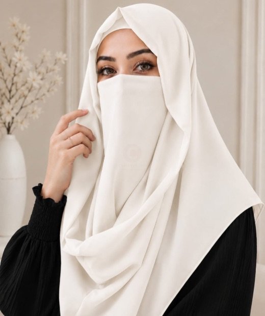Stylish woman wearing a luxury Misri hijab Niqab or ninja nectar set with coordinated underscarf and flowing drape. BY CLOTHIFYDOTPK