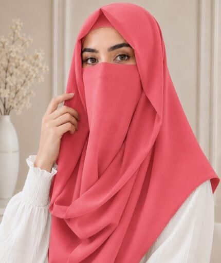 Stylish woman wearing a luxury Misri hijab Niqab or ninja nectar set with coordinated underscarf and flowing drape. BY CLOTHIFYDOTPK