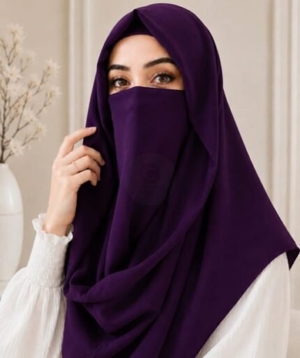 Woman wearing a soft chiffon Misri ninja hijab set with full coverage and breathable fabric. BY CLOTHIFYDOTPK