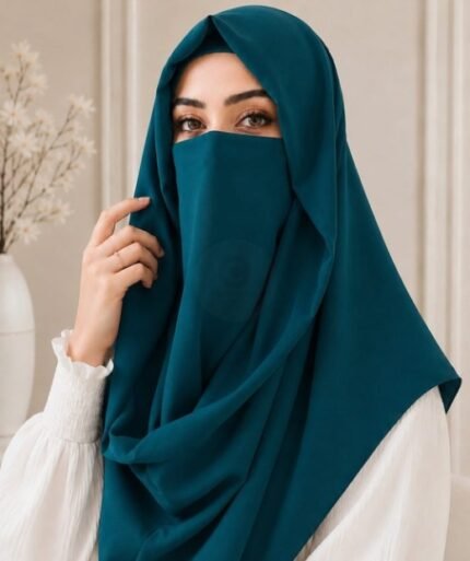 Woman wearing a modern Misri hijab set in lightweight fabric for everyday modest wear. BY CLOTHIFYDOTPK