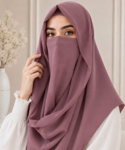 Stylish woman wearing a luxury Misri hijab niqab set with coordinated underscarf and flowing drape. BY CLOTHIFYDOTPK