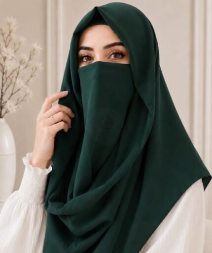 Stylish woman wearing a luxury Misri hijab or ninja nectar set with coordinated underscarf and flowing drape. BY CLOTHIFYDOTPK