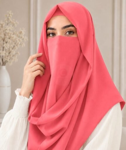 A woman wearing a Indigo color Misri hijab draped over the head and shoulders with attached Niqab. Buy Misri Hijab Online in Pakistan