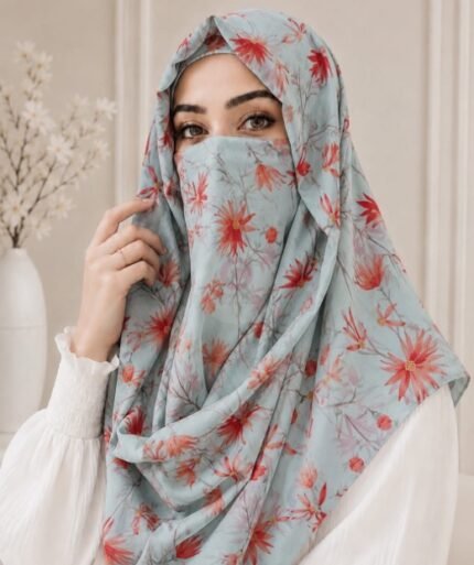 A woman wearing a Printed Misri hijab draped over the head and shoulders with attached Niqab. BY CLOTHIFYDOTPK