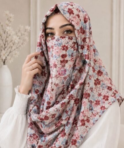 A woman wearing a Printed Misri hijab draped over the head and shoulders with attached Niqab. BY CLOTHIFYDOTPK