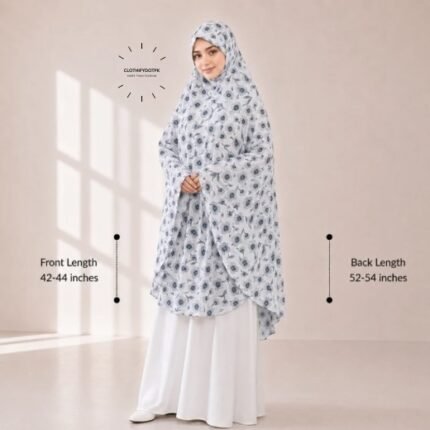A woman draped in a soft Swiss lawn namaz chadar without sleeves with front coverage that falls above the knees, while the back extends down till knees. BY CLOTHIFYDOTPK