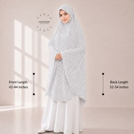 A woman draped in a soft Swiss lawn namaz chadar without sleeves also known as Makhna Hijab or Namaz Scarf with front coverage that falls above the knees, while the back extends down till knees. BY CLOTHIFYDOTPK