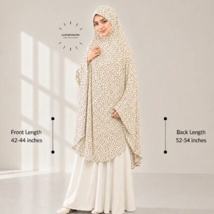 A woman draped in a soft Swiss lawn namaz chadar without sleeves also known as Makhna Hijab or Namaz Scarf with front coverage that falls above the knees, while the back extends down till knees. BY CLOTHIFYDOTPK