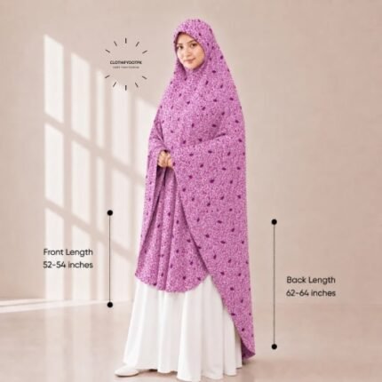Woman wearing a soft swiss lawn Namaz chadar without sleeves with front coverage reaching the knees and back extending below the knees. BY CLOTHIFYDOTPK