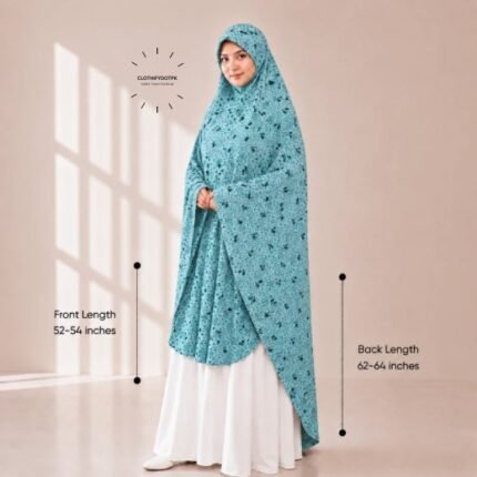 Woman wearing a soft swiss lawn Namaz makhna Hijab without sleeves with front coverage reaching the knees and back extending below the knees. BY CLOTHIFYDOTPK