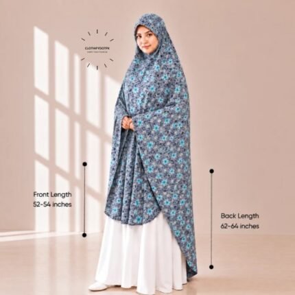Woman wearing a soft swiss lawn Namaz chadar without sleeves with front coverage reaching the knees and back extending below the knees. BY CLOTHIFYDOTPK
