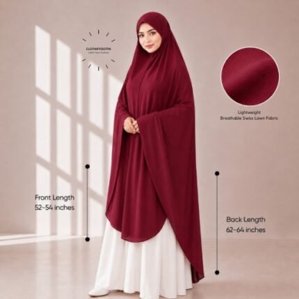 Woman wearing a soft swiss lawn Namaz chadar without sleeves also known as Makhna Hijab or Namaz Scarf with front coverage reaching the knees and back extending below the knees. BY CLOTHIFYDOTPK