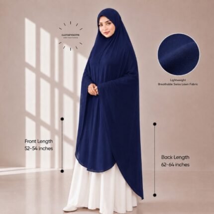 Woman wearing a soft swiss lawn Namaz chadar without sleeves with front coverage reaching the knees and back extending below the knees. BY CLOTHIFYDOTPK