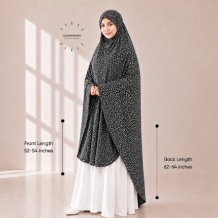 Woman wearing a soft swiss lawn Namaz Scarf without sleeves with front coverage reaching the knees and back extending below the knees. BY CLOTHIFYDOTPK
