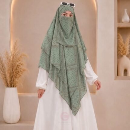 A flowing three layer printed khimar Hijab, made of three separate layers of chiffon. By Clothifydotpk