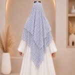 A flowing three layer printed khimar Hijab, made of three separate layers of chiffon. By Clothifydotpk