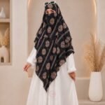 A flowing three layer printed khimar Hijab, made of three separate layers of chiffon. By Clothifydotpk