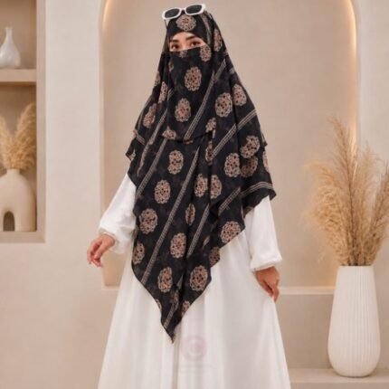 A flowing three layer printed khimar Hijab, made of three separate layers of chiffon. By Clothifydotpk