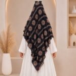 A flowing three layer printed khimar Hijab, made of three separate layers of chiffon. By Clothifydotpk