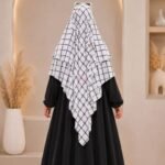 A flowing three layer printed khimar Hijab, made of three separate layers of chiffon. By Clothifydotpk