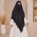 A flowing three layer printed khimar Hijab, made of three separate layers of chiffon. By Clothifydotpk