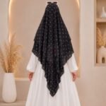 A flowing three layer printed khimar Hijab, made of three separate layers of chiffon. By Clothifydotpk