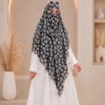 A flowing three layer printed khimar Hijab, made of three separate layers of chiffon. By Clothifydotpk