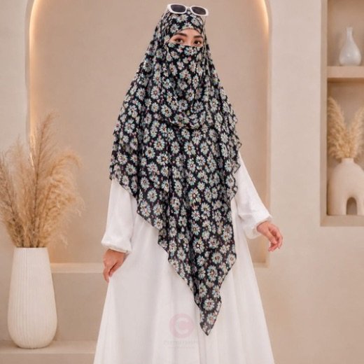 A flowing three layer printed khimar Hijab, made of three separate layers of chiffon. By Clothifydotpk