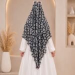 A flowing three layer printed khimar Hijab, made of three separate layers of chiffon. By Clothifydotpk