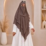 A flowing three layer printed khimar Hijab, made of three separate layers of chiffon. By Clothifydotpk