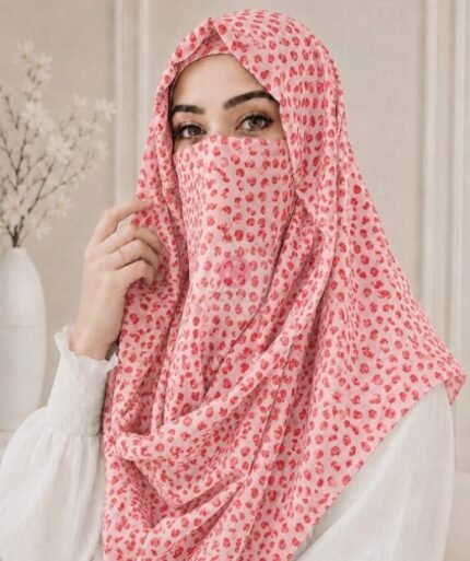 A woman wearing a Printed Misri hijab draped over the head and shoulders with attached Niqab. BY CLOTHIFYDOTPK