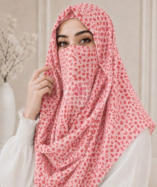 Printed Misri Hijab 0851 - 42 A woman wearing a Printed Misri hijab draped over the head and shoulders with attached Niqab. BY CLOTHIFYDOTPK