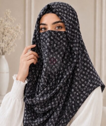 A woman wearing a Printed Misri hijab draped over the head and shoulders with attached Niqab. BY CLOTHIFYDOTPK