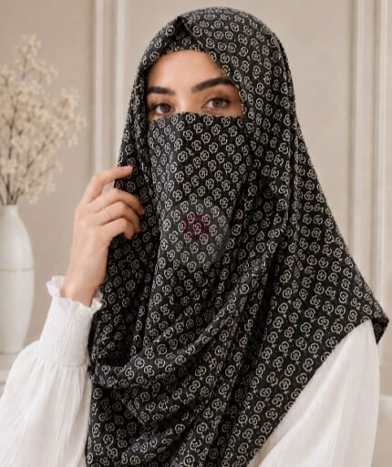 A woman wearing a Printed Misri hijab draped over the head and shoulders with attached Niqab. BY CLOTHIFYDOTPK