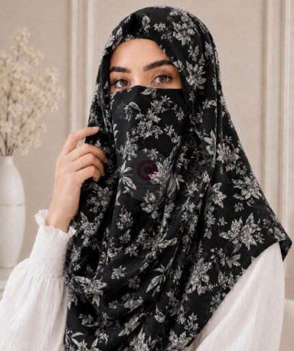 A woman wearing a Printed Misri hijab draped over the head and shoulders with attached Niqab. BY CLOTHIFYDOTPK