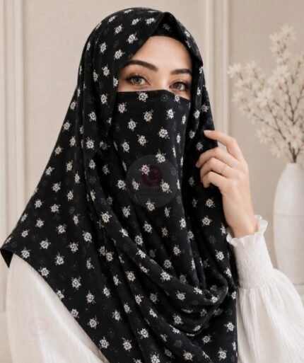 A woman wearing a Printed Misri hijab draped over the head and shoulders with attached Niqab. BY CLOTHIFYDOTPK