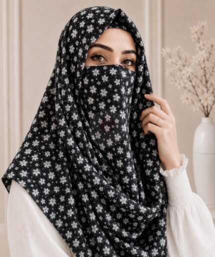 A woman wearing a Printed Misri hijab draped over the head and shoulders with attached Niqab. BY CLOTHIFYDOTPK
