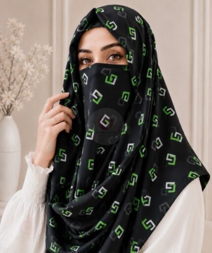 A woman wearing a Printed Misri hijab draped over the head and shoulders with attached Niqab. BY CLOTHIFYDOTPK