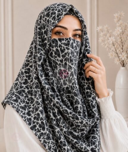 A woman wearing a Printed Misri hijab draped over the head and shoulders with attached Niqab. BY CLOTHIFYDOTPK