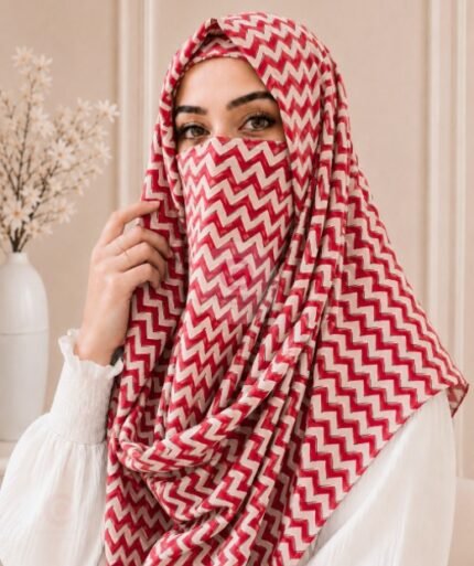 A woman wearing a Printed Misri hijab draped over the head and shoulders with attached Niqab. BY CLOTHIFYDOTPK