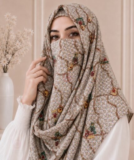 A woman wearing a Printed Misri hijab draped over the head and shoulders with attached Niqab. BY CLOTHIFYDOTPK