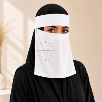 Women wearing Saudi style niqab in lightweight fabric, featuring a wide eye opening and soft draping. BY CLOTHIFYDOTPK