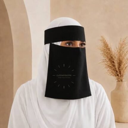 Women wearing Saudi style niqab in lightweight fabric, featuring a wide eye opening and soft draping. BY CLOTHIFYDOTPK