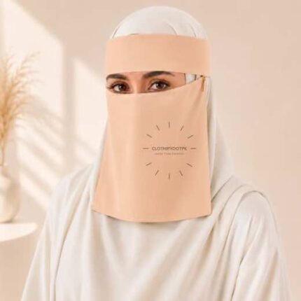 Women wearing Saudi style niqab in lightweight fabric, featuring a wide eye opening and soft draping. BY CLOTHIFYDOTPK